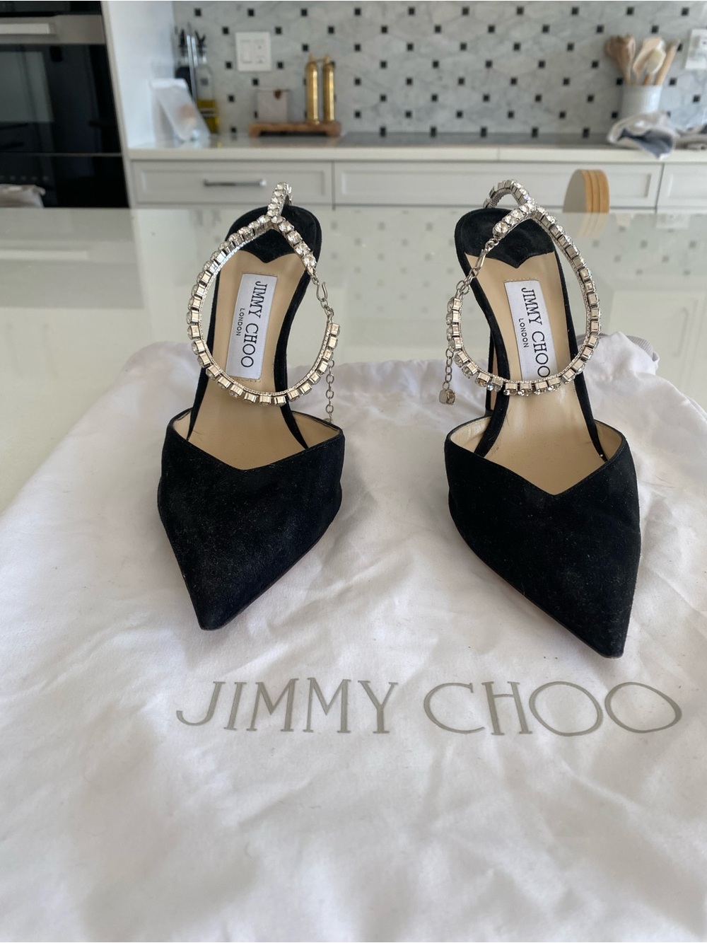 Jimmy Choo Black Saeda Suede Crystal-Embellished Pointed Pumps